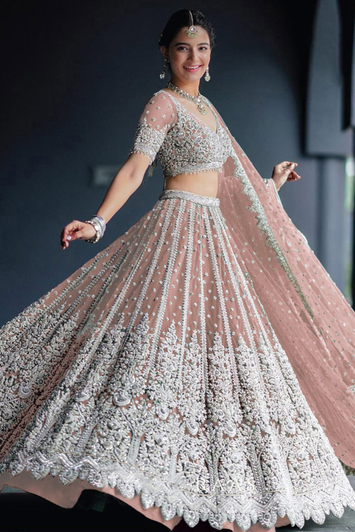 Sequins Embroidered Net Dusty Pink A Line Wedding Lehenga