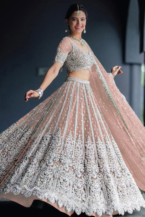Sequins Embroidered Net Dusty Pink A Line Wedding Lehenga
