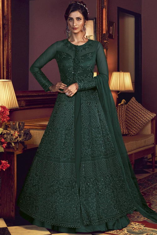 Sequins Embroidered Net Dark Green Eid Anarkali Suit