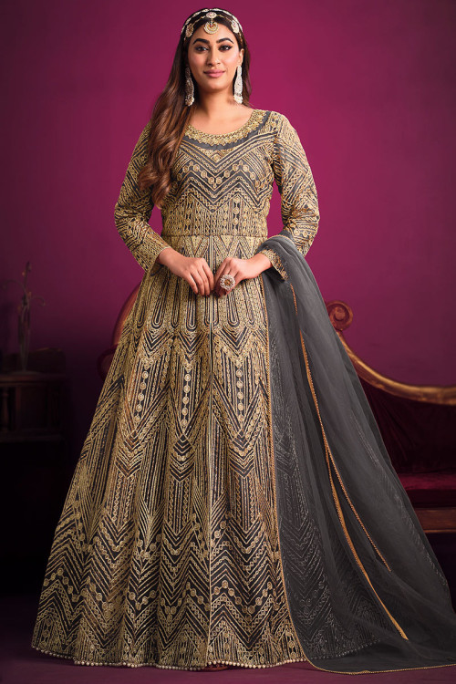 Net Dark Grey Bridesmaid Wear Anarkali Suit with Dori embroidery