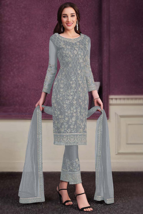 Sequins Embroidered Net Grey Trouser Suit