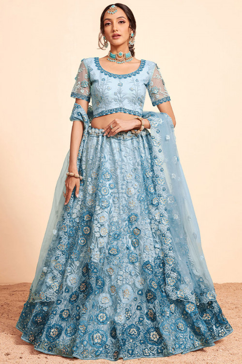 Sequins Embroidered Net Mint Blue Flared Style Lehenga