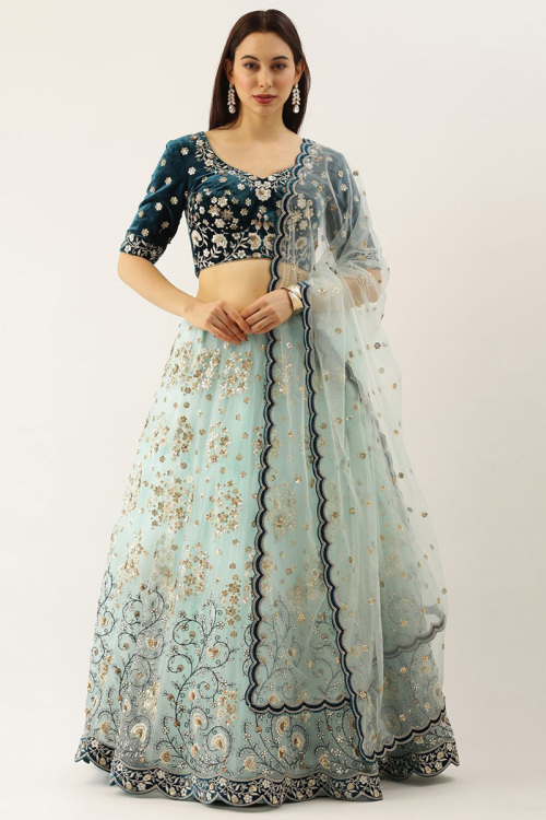 Sequins Embroidered Net Mint Blue Lehenga