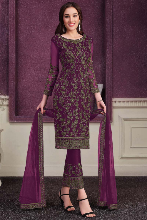 Sequins Embroidered Net Purple Trouser Suit