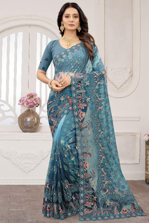 Sequins Embroidered Net Sea Blue Saree