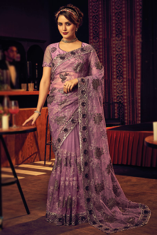 Sequins Embroidered Net Ultra Pink Saree