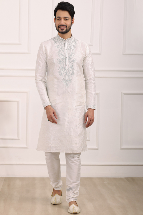 Sequins Embroidered Off-White Dupion Silk Side Slit Men's Kurta Churidar