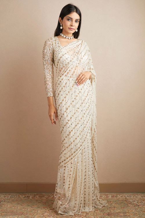 Sequins Embroidered Off White Heavy Net Saree 