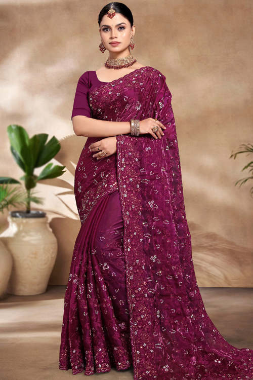 Sequins Embroidered Organza Burgundy Maroon Shimmer Saree