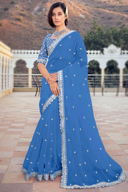 Sequins Embroidered Organza Sky Blue Saree