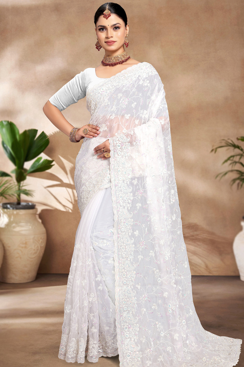 Sequins Embroidered Organza White Shimmer Saree