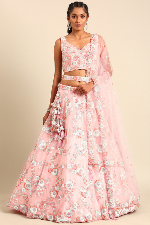 Sequins Embroidered Pink Net Panelled Style Lehenga