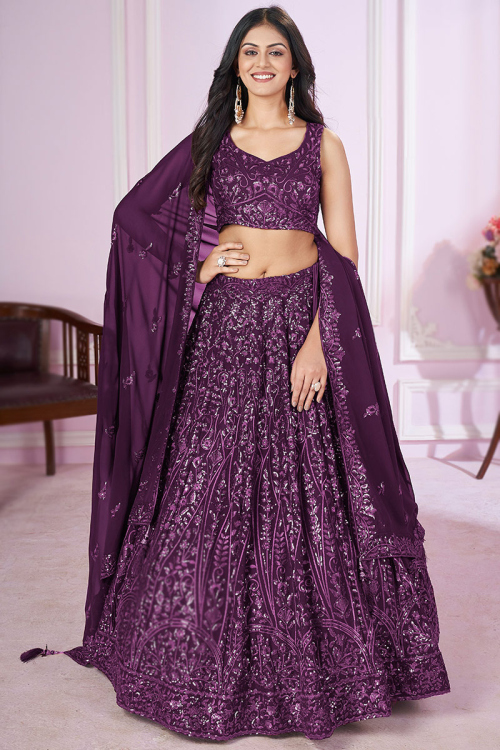 Sequins Embroidered Plum Purple Georgette Panelled Lehenga