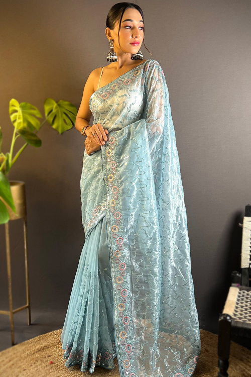 Sequins Embroidered Powder Blue Net Light Weight Saree 