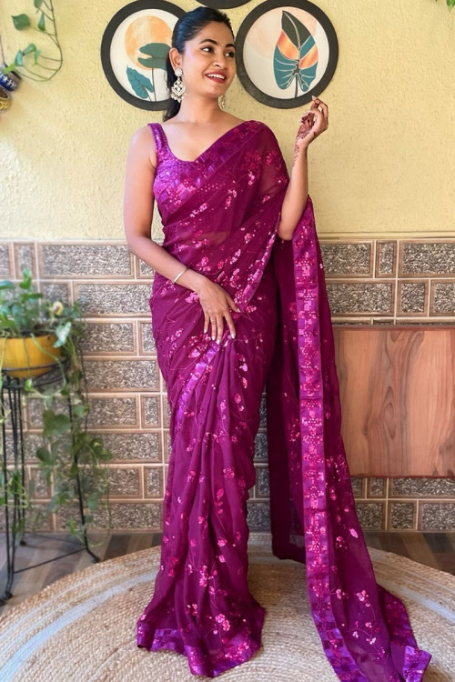 Sequins Embroidered Purple Georgette Heavy Saree