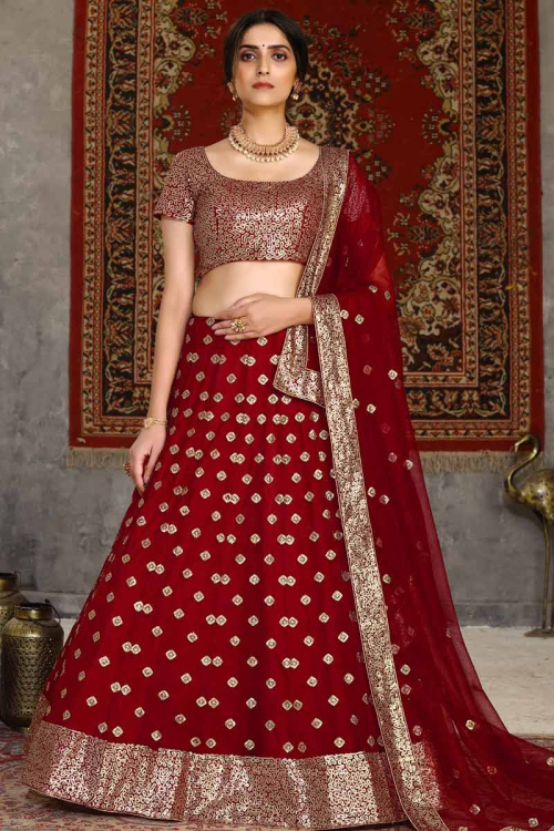 Sequins Embroidered Red Net A Line Bridal Lehenga