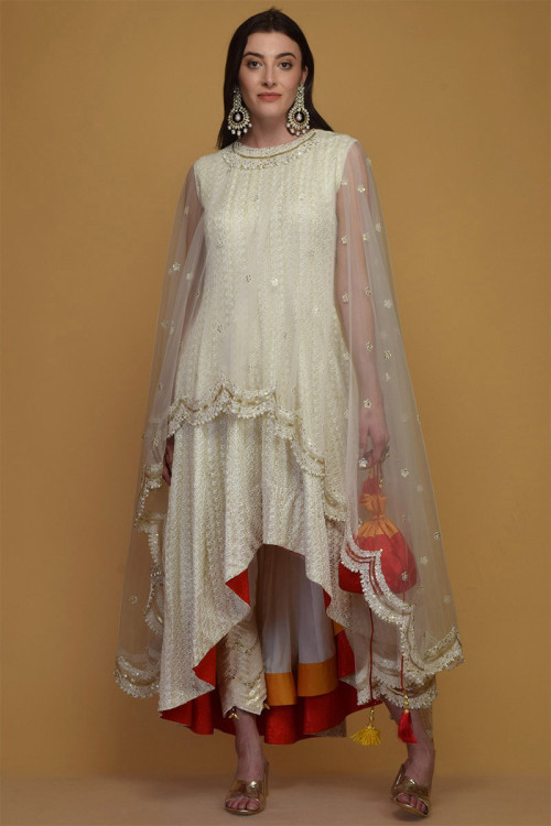 Sequins Embroidered Shimmer Off White Anarkali Suit for Eid