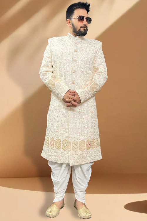 Sequins Embroidered Silk Light Beige Side Slit Men's Sherwani