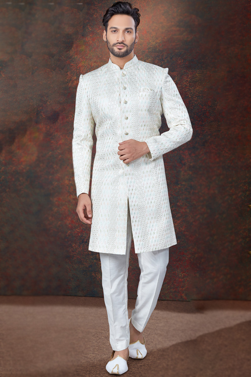 Sequins Embroidered Silk White Men's Straight Cut Sherwani