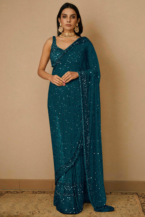 Sequins Embroidered Teal Blue Net Fancy Saree 