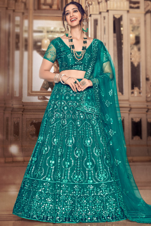 Sequins Embroidered Teal Green Net Panelled Style Lehenga