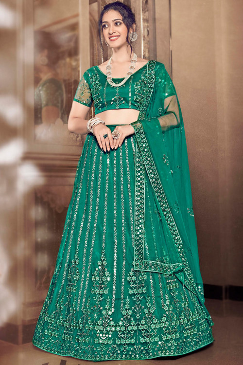 Sequins Embroidered Teal Green Net Panelled Style Lehenga