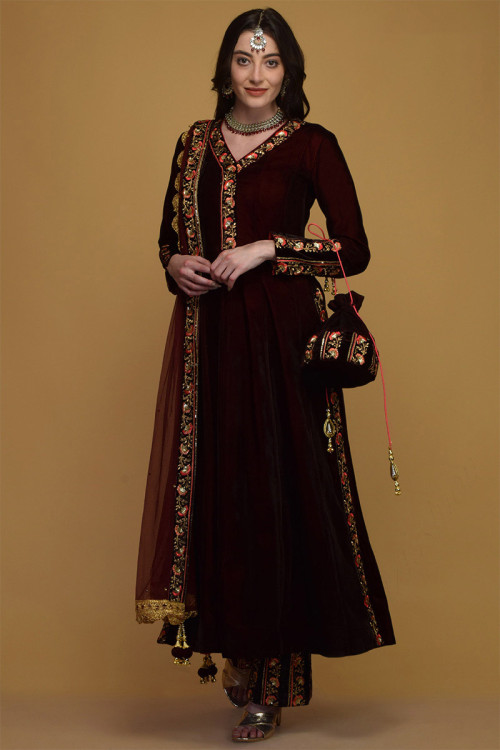Sequins Embroidered Velvet Dark Maroon Anarkali Suit for Eid