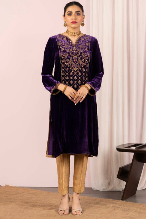 Sequins Embroidered Velvet Purple Trouser Suit