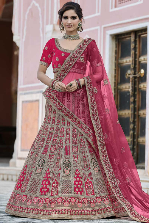 Sequins Embroidered Velvet Rani Pink Lehenga