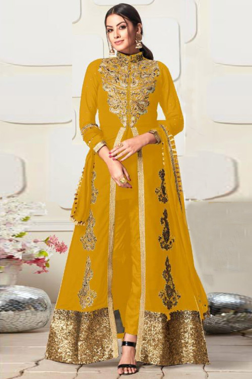 Sequins Embroidered Georgette Mustard Yellow Trouser Suit