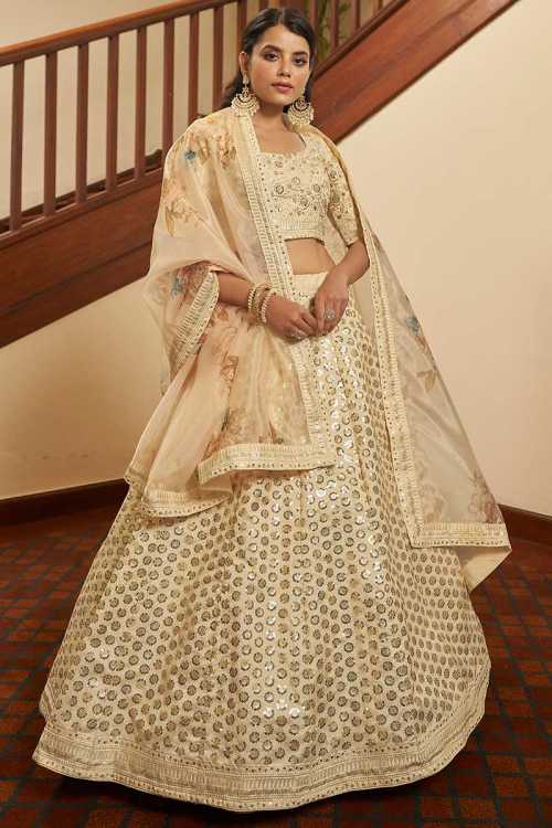 Sequins Work Embroidered Art Silk Beige Lehenga