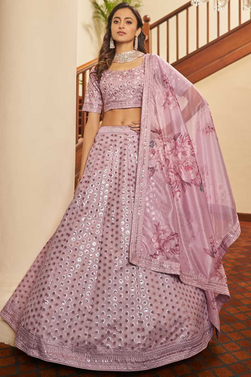 Sequins Work Embroidered Art Silk Dusty Pink Lehenga