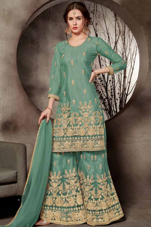 Dusty Green Net Indian Sharara Salwar Kameez With Dori Work For Eid
