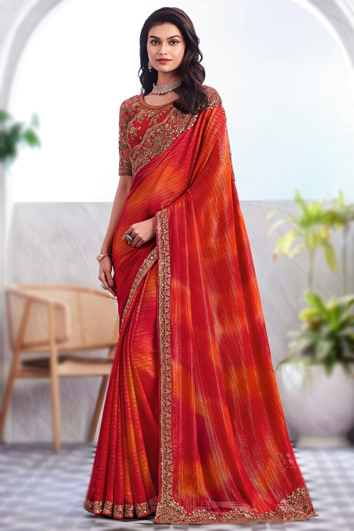 Shimmer Chiffon Red Embroidered Light Weight Saree
