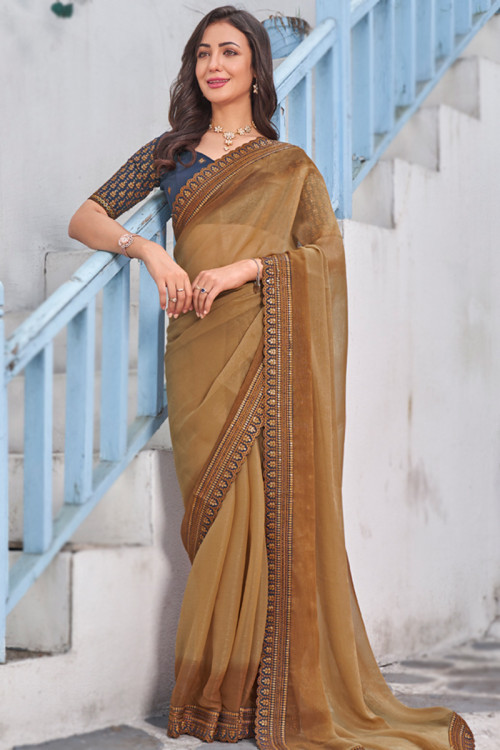 Shimmer Light Brown Lace Embroidered Saree
