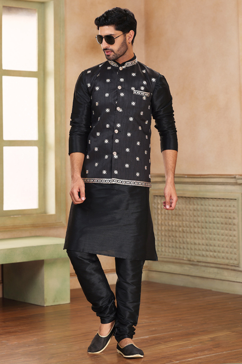 Shop Black Dupion Silk Jacket Style Men's Kurta Churidar 