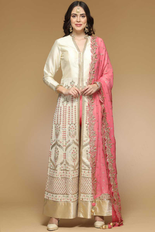 Silk Anarkali Suit for Eid In Cream Color With Resham Work