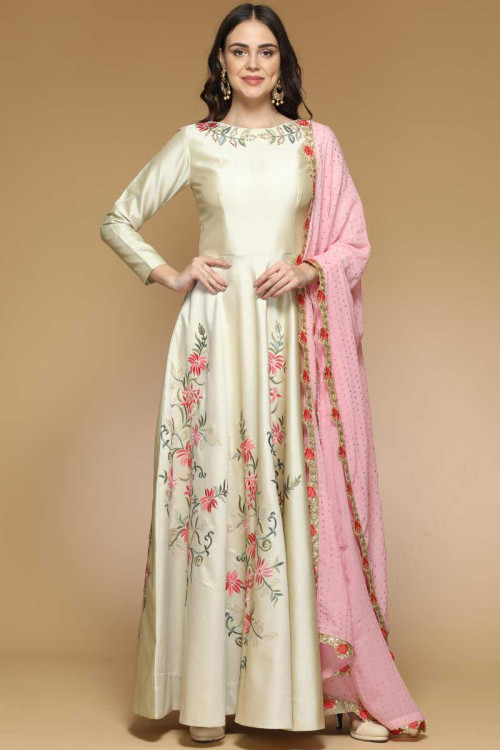 Silk Anarkali Suit In Cream Color With Resham Work