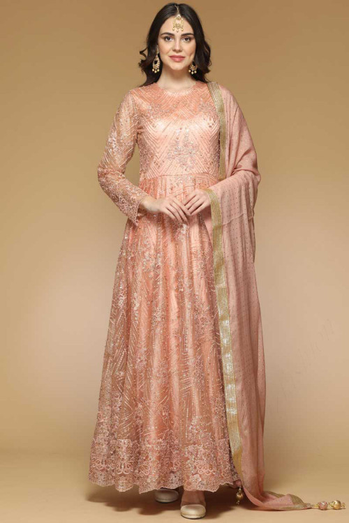 Eid Anarkali Suit In Silk & Peach Color With Beads Work