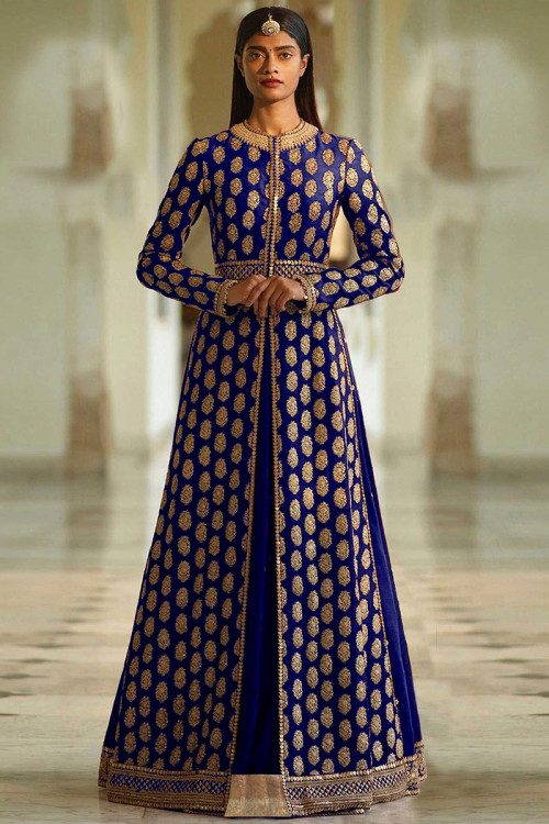 Royal Blue Silk Jacket Style Lehenga With Zari Work