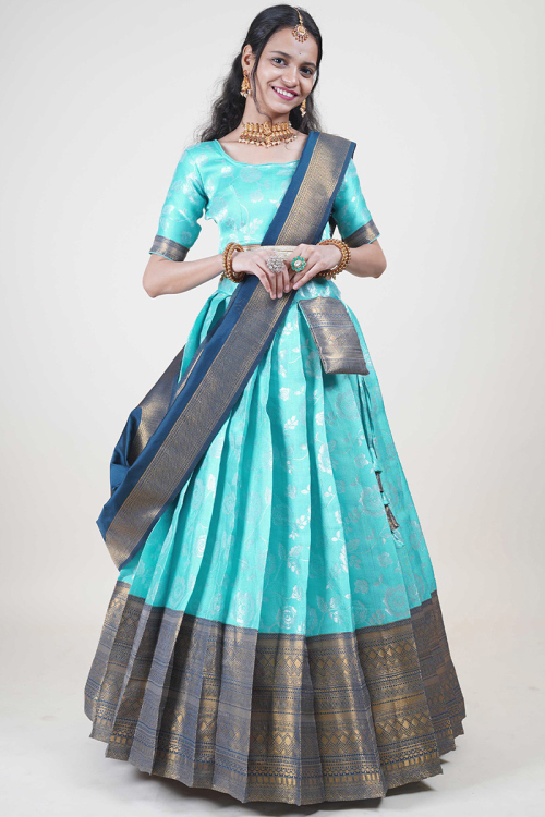 Silk Aqua Blue Woven Zari Flared Lehenga