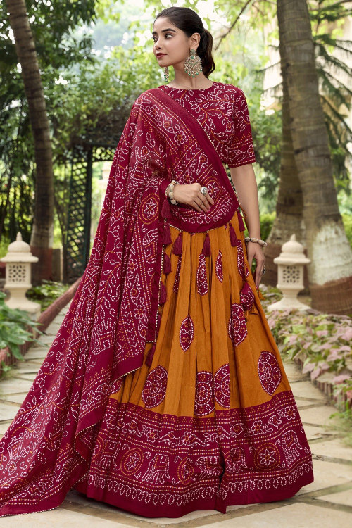 Silk Bandhej Print Mustard Yellow Flared Style Lehenga 