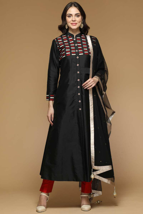 Silk Black Anarkali Suit With Stone Work