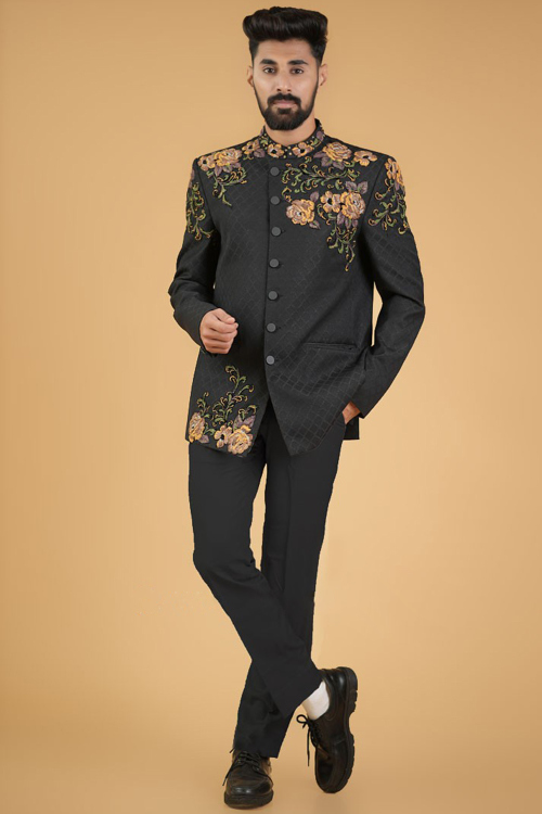Silk Black Jodhpuri Style Weaved Thraed Men's Coat Pant