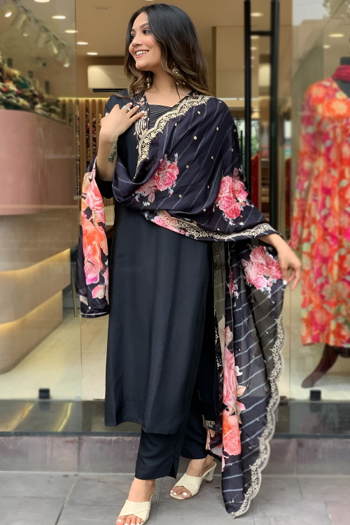Silk Black Lace Embroidered Ready to Wear Straight Suit
