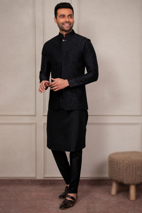 Silk Black Men's Jacket Style Plain Kurta Pajama