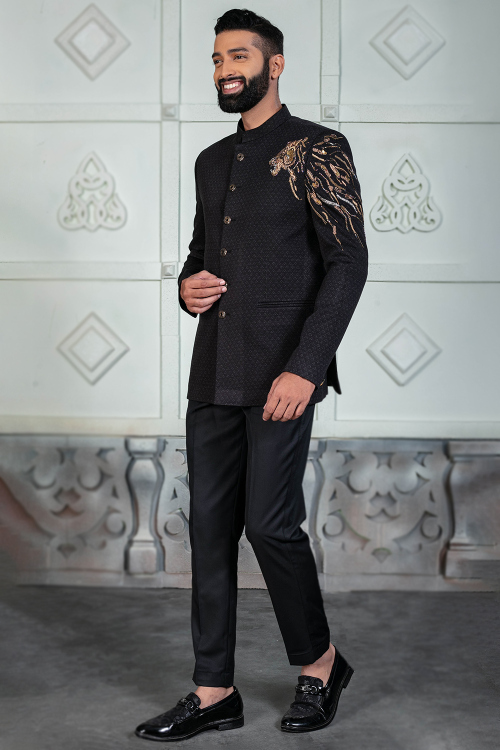 Silk Black Men's Jodhpuri Weaved Thread Sherwani