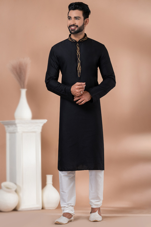 Silk Black Men's Kurta Pajama With Embroidered Placket