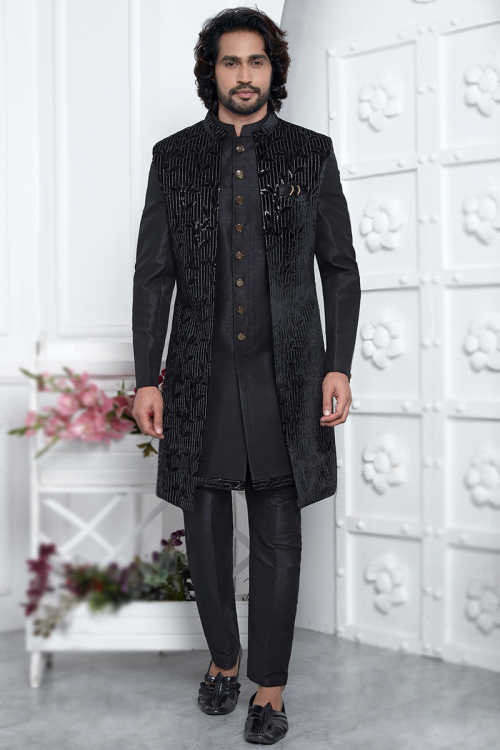 Silk Black Men's Sherwani With Zari Embroidered Jacket