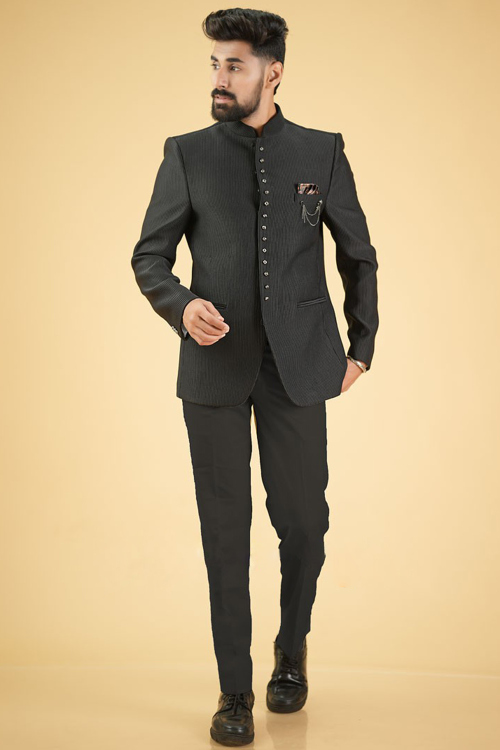 Silk Black Plain Jodhpuri Style Men's Coat Pant
